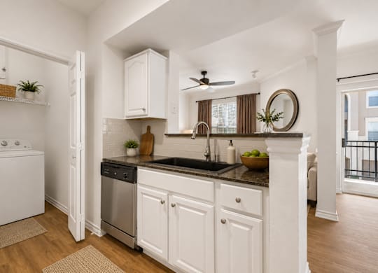 A kitchen and washing machine at St Moritz in Dallas Texas