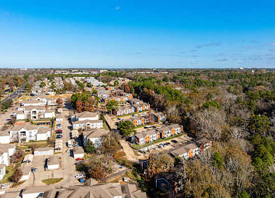 A bird's eye view of a residential area with houses and trees.