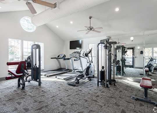 A spacious gym with a variety of equipment including treadmills, weight machines, and a squat rack.