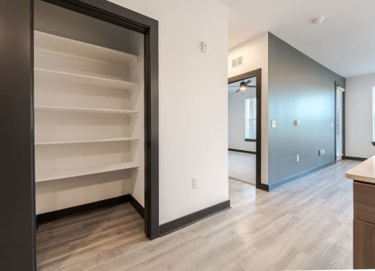 a walk in closet with shelves and a mirror in a new home