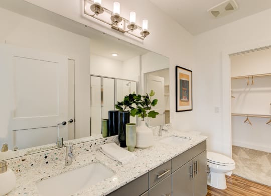 a bathroom with two sinks and a toilet
