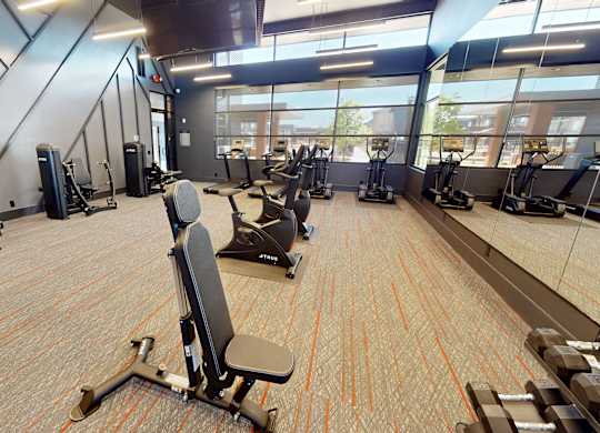 A gym with a variety of equipment including treadmills, stationary bikes, and weight machines.