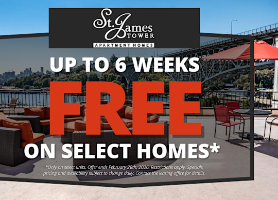 A promotional image for St. James Apartment Homes offering up to 6 weeks free on select homes.