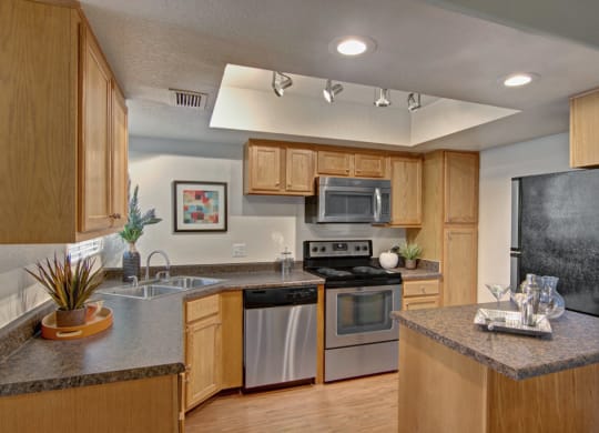 Modern kitchen here at Desert Horizon Apartments with wooden cabinets and granite countertops. Includes stainless steel appliances, plants, and abstract art on the wall. Bright lighting.