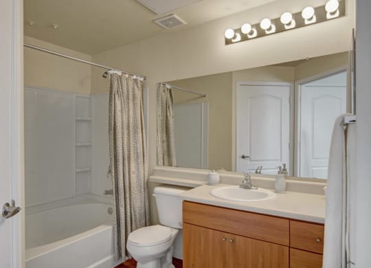 Modern bathroom here at Acclaim Apartments with a white tub, patterned shower curtain, wooden vanity, and large mirror. Six globe lights create a clean, inviting atmosphere.