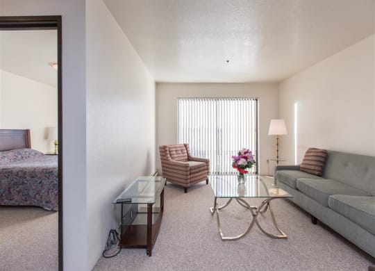 A bright, modern living room here at Outlook Apartments featuring a gray sofa, glass coffee table with flowers, striped armchair, and lamp. Sunlight streams through vertical blinds.