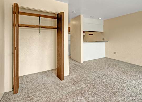 Empty room with beige carpet, bi-fold wooden closet doors open to show a small closet, and a view into a compact kitchen with a white breakfast bar and wood cabinets.