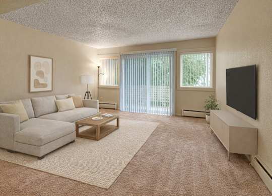 A spacious living room at Arctic Sun Apartments with a light sectional sofa, coffee table, and a TV on a media stand. Neutral carpet and walls create a warm feel. Large windows and a sliding glass door with vertical blinds provide natural light and lead to an outdoor patio space.
