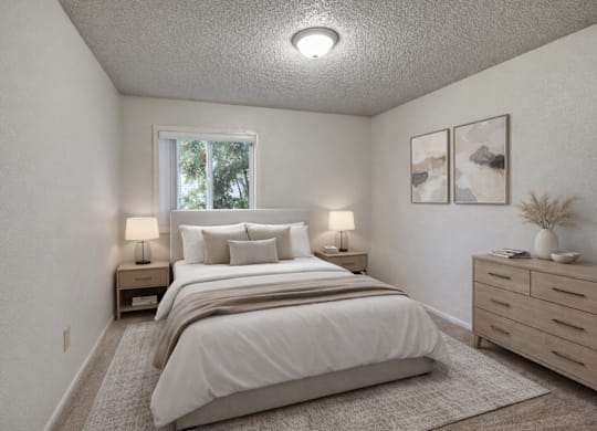 A cozy bedroom at Arctic Sun Apartments with a queen bed dressed in soft white bedding and neutral pillows. Two bedside tables with lamps sit on each side. A wide dresser with décor and wall art adds style, and a window lets in natural light, brightening the calm, neutral space.