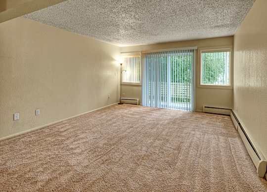 A spacious empty living room at Arctic Sun Apartments with soft beige carpet and neutral walls. Large windows and a sliding glass door with vertical blinds let in natural light and lead to a private patio. A floor lamp adds warmth, and the open layout offers flexible furniture placement.