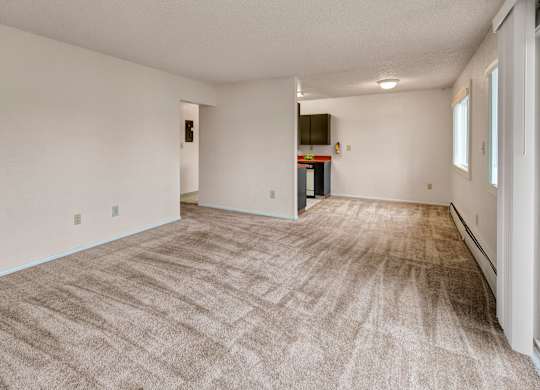 A spacious living and dining area at Arctic Sun Apartments with soft beige carpet and neutral walls. Large windows brighten the room. The layout flows into the kitchen, which features dark cabinets and orange counters visible from the entry. The open design offers versatile furniture placement.