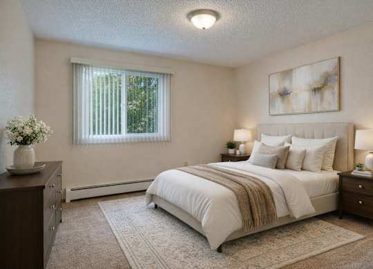 A serene bedroom at Bay Arms Apartments with a cozy bed dressed in white bedding and neutral pillows. Two bedside tables with lamps frame the bed, and a dresser sits to the side with décor. A window with vertical blinds brings in natural light, brightening the carpeted space and soft area rug.