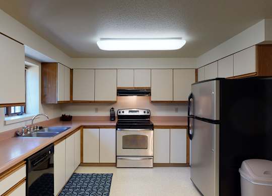 Birchwood kitchen with cream and wood cabinets, pink countertops, stainless steel appliances, and a window above the sink.