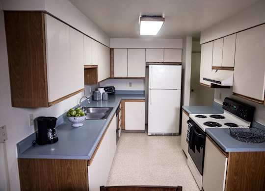 Birchwood kitchen with L-shaped light cabinetry, blue countertops, white appliances, and simple décor including fruit, jars, and a coffee maker.