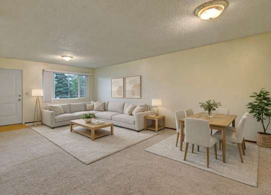 A spacious Brighton Woods living and dining area with soft neutral décor, featuring a large light gray sectional sofa, two coordinating area rugs, and a wooden coffee table. A matching dining set for six sits nearby, accented by a potted plant and simple wall art, all illuminated by warm overhead lighting and a bright window view.