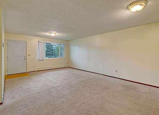 A spacious Brighton Woods living room with neutral beige carpeting and soft cream walls offering a blank canvas for any style. Large windows bring in natural light and frame views of evergreens outside, while ceiling lights and a white entry door complete the clean and open layout.
