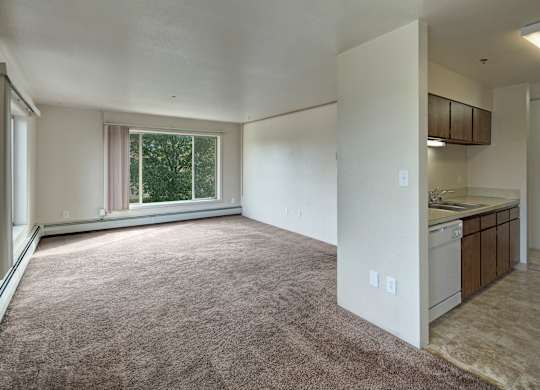A spacious open floor plan here at Castle shows a carpeted living area flowing into a cozy galley-style kitchen. Large picture windows brighten the space with natural light and treetop views, while neutral walls, wood cabinets, and simple finishes provide a versatile layout perfect for arranging furniture and daily living.