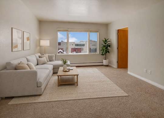 A bright living room here at Century Plaza featuring a large window that fills the space with natural light and frames a city view. A soft neutral sectional sits atop a textured rug beside a wooden coffee table, paired with modern wall art, a floor lamp, and a tall potted plant creating a calm, inviting atmosphere.