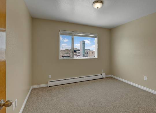 A clean bedroom here at Century Plaza featuring soft beige carpeting and warm neutral walls. A wide window fills the room with natural daylight and provides a view of nearby buildings and the bright blue sky outside. The simple layout offers flexibility for furniture placement and décor.