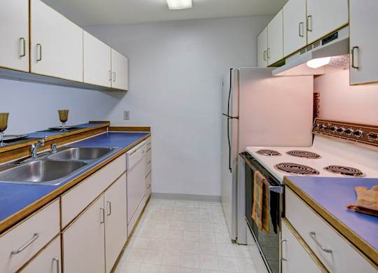 A bright kitchen here at Chugach South featuring clean white cabinetry with wood trim, vivid blue countertops, and matching upper and lower storage on both sides of the room. Stainless steel double sinks, a classic electric stove, and a full-size refrigerator sit beneath soft wall lighting, creating a tidy and welcoming cooking space.