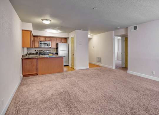 A spacious open-concept layout here at City View showcasing a carpeted living area that flows into a kitchen with warm wood cabinetry, stainless steel appliances, and granite-style countertops. Neutral walls and overhead lighting brighten the space, with a hallway leading to additional rooms for flexible living and comfort.