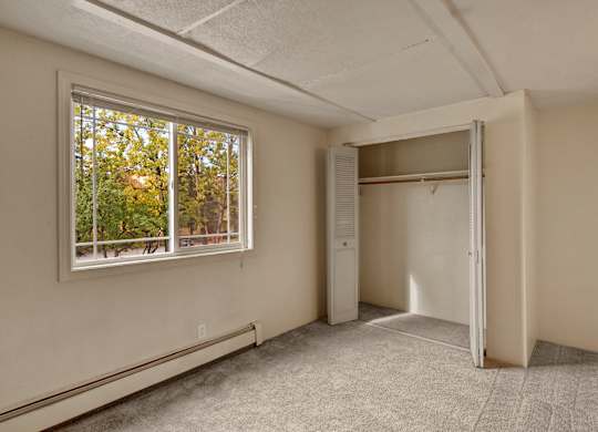 A comfortable bedroom here at College View featuring soft neutral walls, plush carpet flooring, and a large window that fills the space with natural light and views of mature trees outside. An open closet with shelving and hanging space adds practical storage, while the clean layout and baseboard heating create a cozy, functional retreat ideal for everyday living.