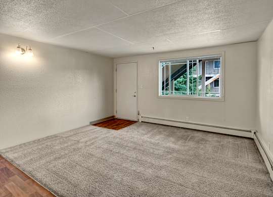 A bright, open living room here at College View featuring soft carpet flooring, neutral wall tones, and a large window that brings in natural light. The space includes a dedicated entry area, baseboard heating, and a flexible layout that easily accommodates seating and entertainment furniture for comfortable everyday living.