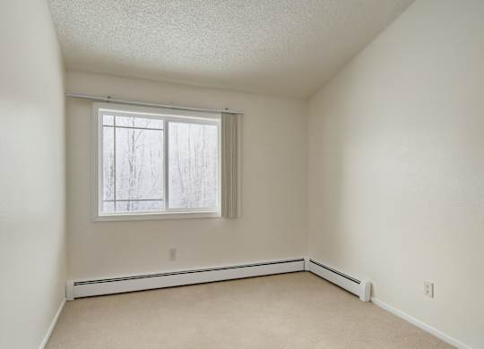 Bright bedroom here at Conifer Grove featuring soft carpet flooring, neutral walls, and a large window that brings in natural light. The space includes baseboard heating, a simple rectangular layout, and room for a bed, dresser, or desk, offering a clean and comfortable place to unwind.