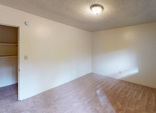 A bright bedroom here at Country Lane featuring neutral walls, soft carpet flooring, a large window providing natural light, baseboard heating, and a spacious layout with an open closet, offering a comfortable and versatile space for rest, storage, and everyday living.
