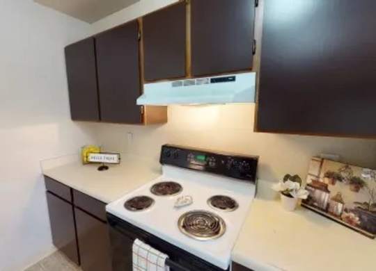 A functional kitchen here at Deer Park showcasing dark wood upper and lower cabinets, light countertops, an electric range with coil burners, a built-in vent hood, and simple decorative accents, with a clean, efficient layout designed for everyday cooking and convenient meal preparation.