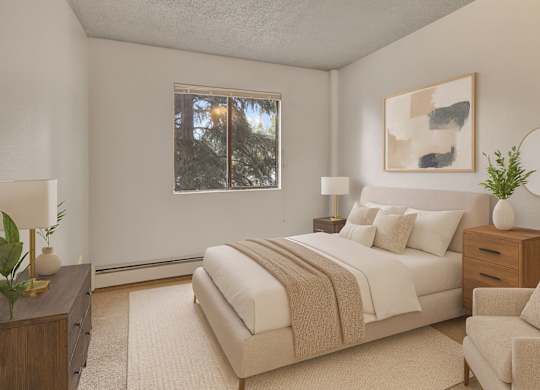 A cozy bedroom here at Deer Park featuring a neutral-toned upholstered bed with white bedding and a soft taupe throw, matching wood nightstands with lamps, modern abstract wall art, plush carpeting, and a window providing natural light for a calm, comfortable retreat.