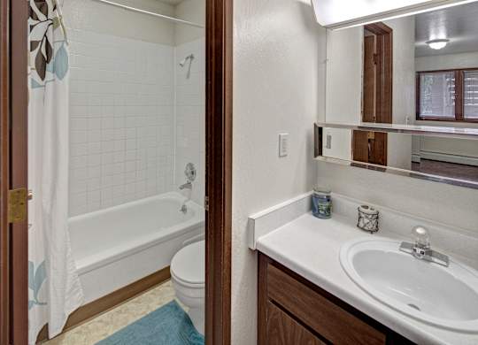 A functional bathroom here at Driftwood featuring a tub and shower combination with tiled surround, a patterned shower curtain, and warm wood-look flooring, paired with a single-sink vanity, ample counter space, wall-mounted mirror storage, and bright overhead lighting that creates a clean, practical space for daily routines.