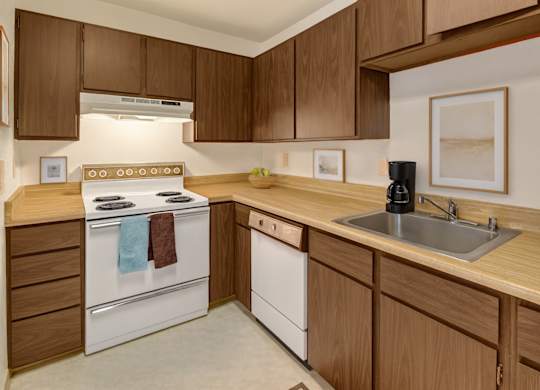 A functional kitchen here at Driftwood showcasing warm wood cabinetry, ample countertop space, a stainless sink, white electric range with vent hood, built-in dishwasher, neutral wall art, and simple decor accents that create a clean, practical layout ideal for everyday cooking and meal prep.