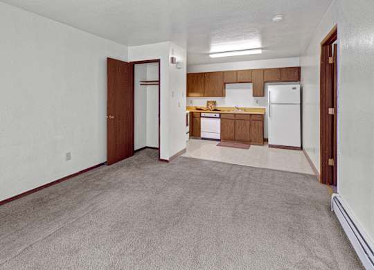 A spacious open living area here at Driftwood featuring soft neutral carpeting, light-colored walls, and an open layout that flows into the kitchen with warm wood cabinetry, ample counter space, and full-size appliances, creating a flexible and functional space ideal for everyday living and dining.
