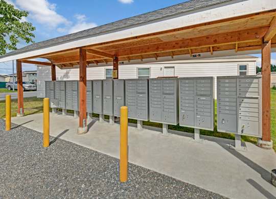 A row of mailboxes are lined up under a wooden canopy.