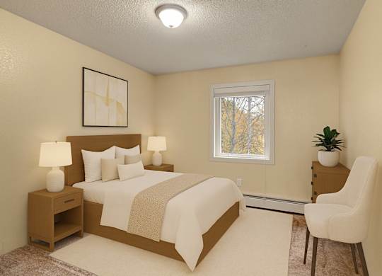 A cozy and birght bedroom here at Hillside Chalet with a bed with neutral-toned sheets and a blanket, nightstands, soft-toned lamp, an accent chair, and small dresser with a plant atop.