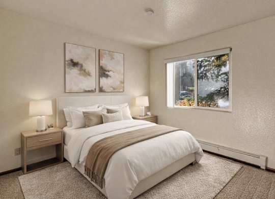 A bedroom here at Ladera Villa with beige carpet and neutral walls. The room features a bed with white bedding, two bedside tables with lamps, and a window providing natural light and views of greenery outside, creating a cozy atmosphere.