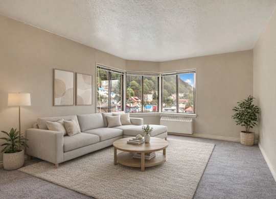 A bright, cozy living room here at Mendenhall-Tower with a light gray sectional sofa, a round wooden coffee table, and a soft neutral area rug. A wall of large corner windows brings in beautiful natural light and scenic neighborhood views for an airy, inviting atmosphere.