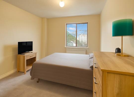 A bright, cozy bedroom here at Mendenhall-Tower with soft beige carpet, a neatly made bed, and warm overhead lighting for a peaceful atmosphere. A large window brings in natural light and showcases scenic views, while a dresser and TV stand add simple, functional storage.