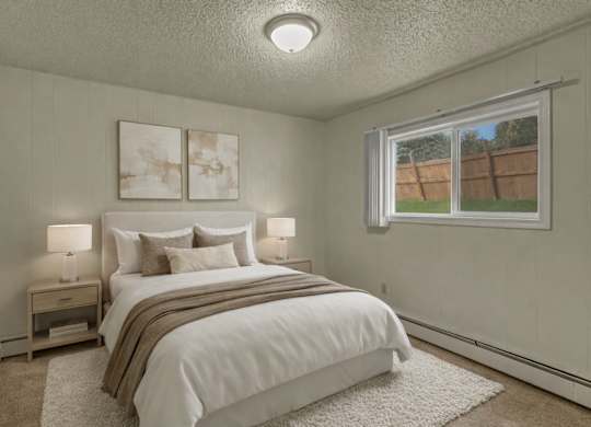 A cozy bedroom here at Montclair with a queen bed dressed in white bedding, neutral pillows, and a taupe throw blanket, paired with matching nightstands and soft bedside lamps.
