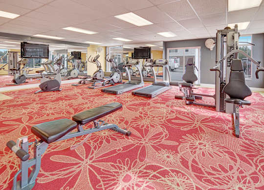 A spacious fitness center here at Park Plaza II with treadmills, ellipticals, bikes, and strength machines, featuring wall-to-wall mirrors and large windows that create a bright, motivating workout space.