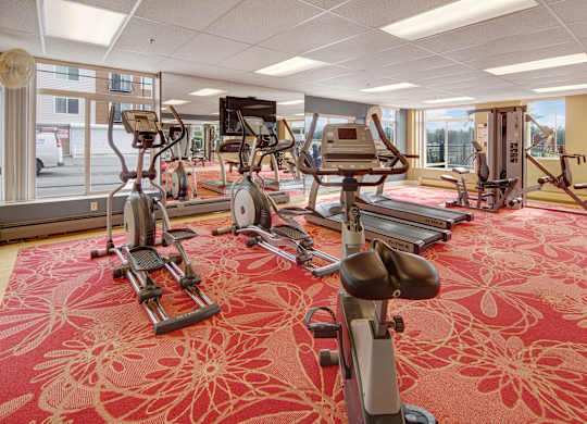 A bright fitness center here at Park Plaza II with cardio and strength equipment including treadmills, ellipticals, and weight machines, featuring large windows and mirrors for an open, energetic workout space.