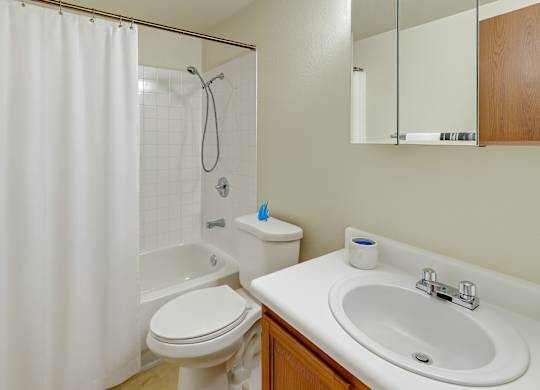 A white toilet sits next to a white sink in a bathroom.