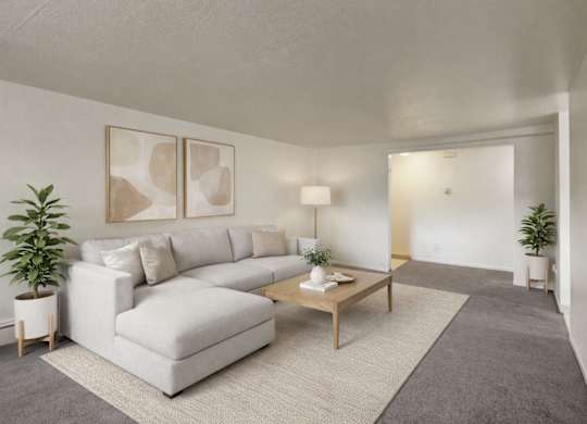 A living room with a grey sofa, a wooden coffee table, and two potted plants.