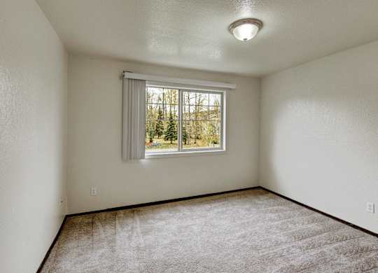 A room with a window and carpeted floor.