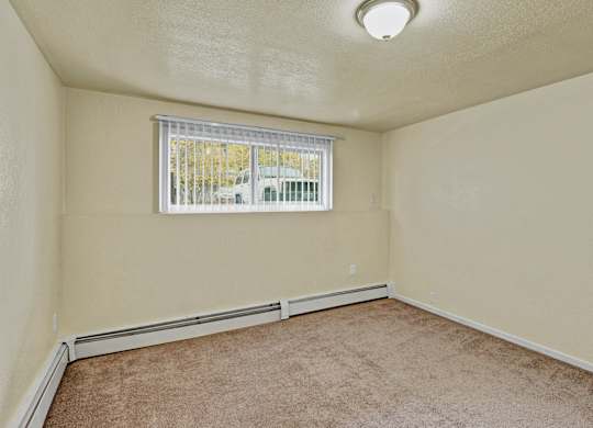 A room with a window and carpeted floor.