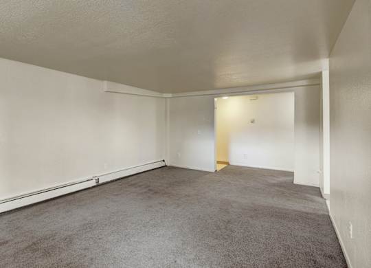 A large, empty room with carpeted flooring and white walls.