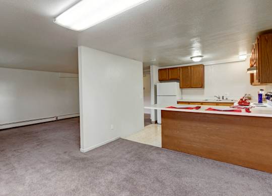 A roomy open-concept living space here at Ptarmigan Meadows with soft carpet, a breakfast bar kitchen with warm wood cabinets, and bright overhead lighting for a clean, functional layout.
