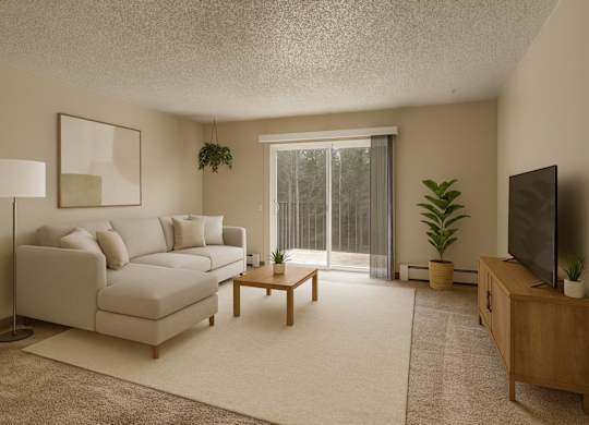 A living room with a white couch, a wooden coffee table, a flat screen TV, and a large window with a view of trees outside.