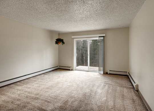 A bright, empty living room here at Quiet Creek with plush carpeting, neutral walls, and a sliding glass door that opens to a private balcony with wooded views.